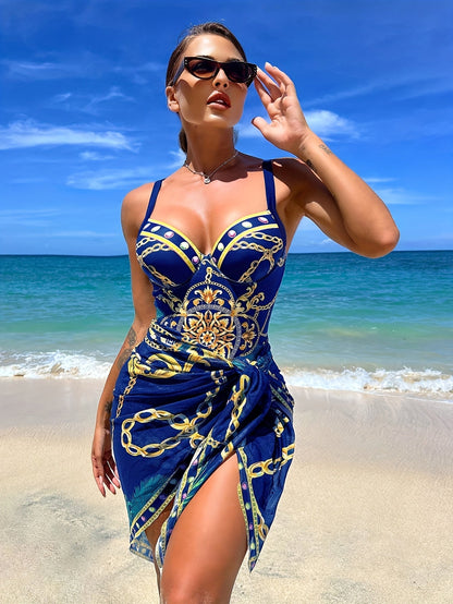 Printed Baroque Floral Sweetheart Spaghetti Strap Vintage One-piece Plus Size Swimsuit Cover Up