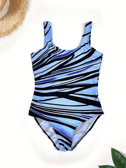 Women's Plus Size Geometric Print Round Neck Medium Stretch One Piece Swimsuit