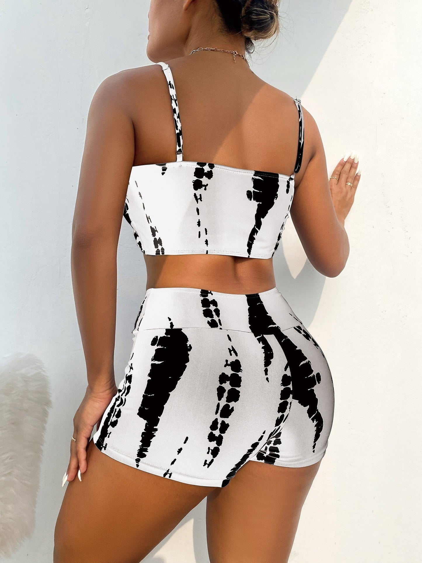 Bow Tie Front Two Piece Swimsuit Spaghetti Straps High Waisted Bikini With Swim Shorts For Women