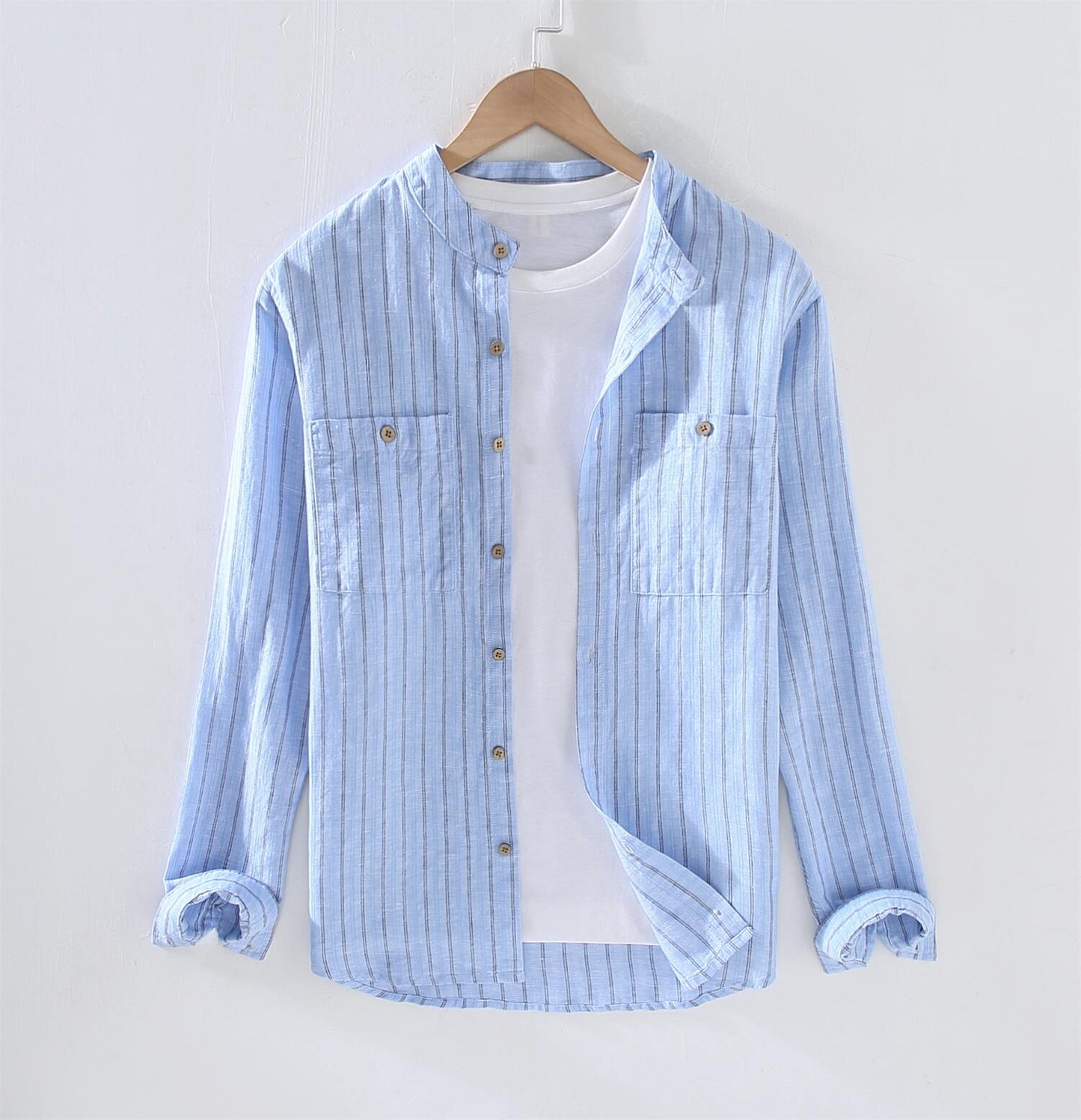 Striped Stand Collar Cotton Linen Shirt