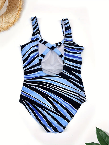 Women's Plus Size Geometric Print Round Neck Medium Stretch One Piece Swimsuit