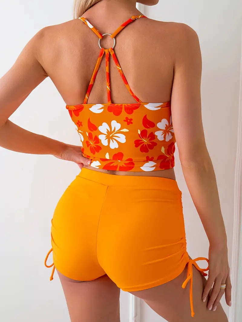 Floral Print Drawstring Ring Two Piece Swimsuit Strappy High Waisted Stretchy Tankini Swimsuits With Swim Shorts
