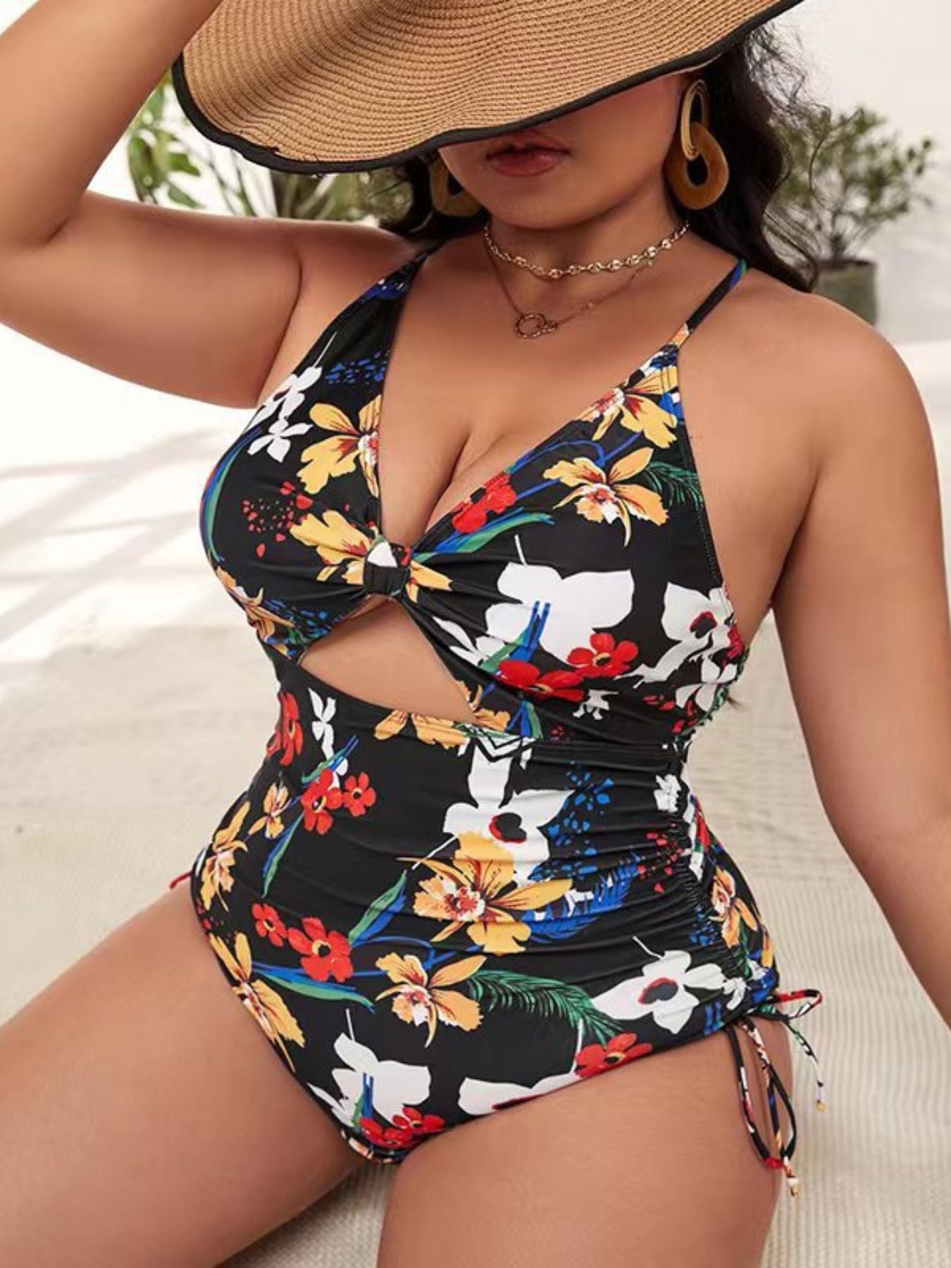 Plus Size Tropical Print V Neck Drawstring Tie Side High Cut Beach One Piece Swimsuits For Women