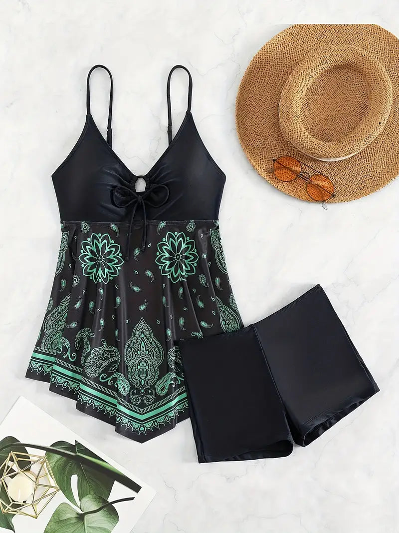 Paisley Floral Print Tie Front V Neck Two Piece Swimsuit Stretchy Spaghetti Strap Tankini Swimsuits With Swim Shorts