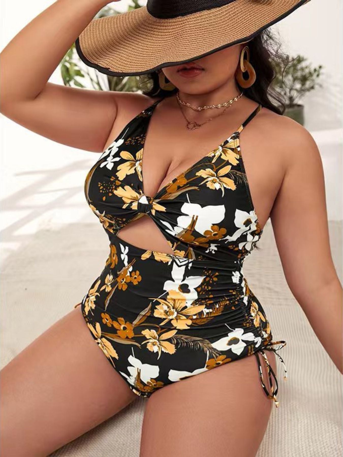 Plus Size Tropical Print V Neck Drawstring Tie Side High Cut Beach One Piece Swimsuits For Women