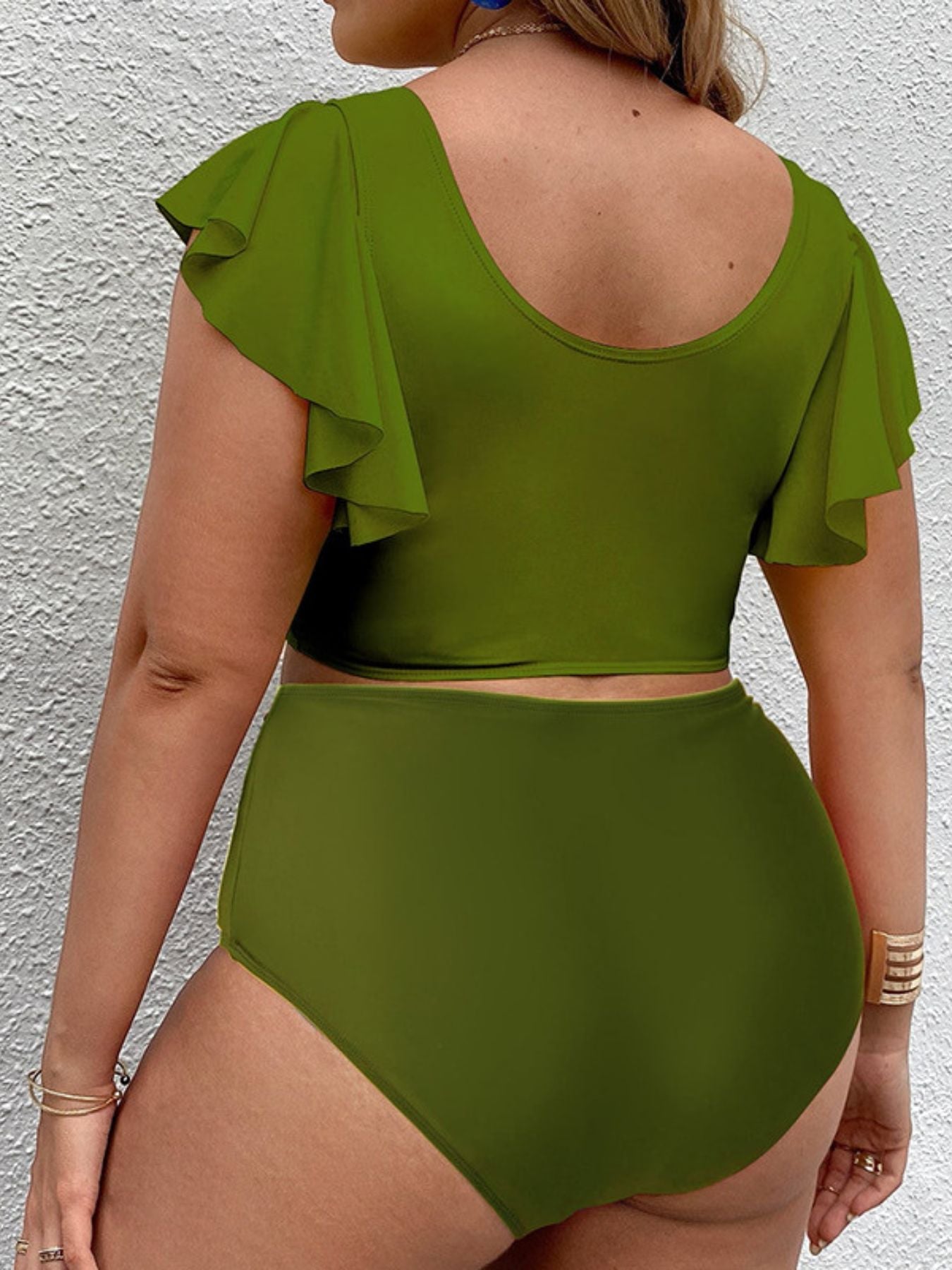 Plus Size Colorblock Tropical Print High Waisted Bikini Ruffle Sleeve Two Piece Swimsuit