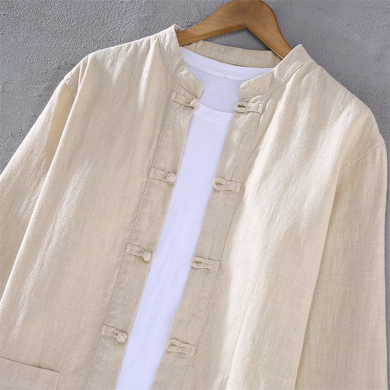 Stand Collar Cotton Linen Long Sleeve Shirt