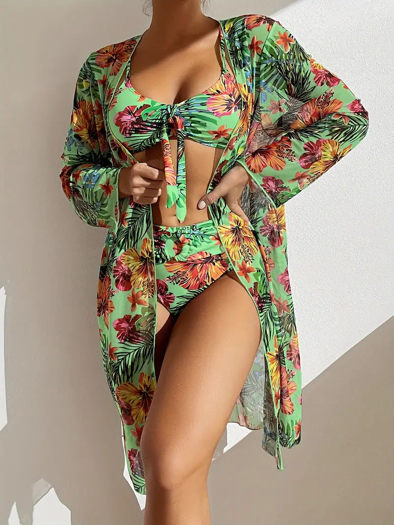Tropical Print 3 Pieces Set High Waisted Bikini Set Knot Front Ring Belt Long Sleeve Swimsuit Cover Up