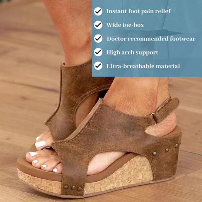 Women's Espadrilles Low Heel Open Toe Leather Comfortable Strappy Platform Wedge Orthopedic Sandals