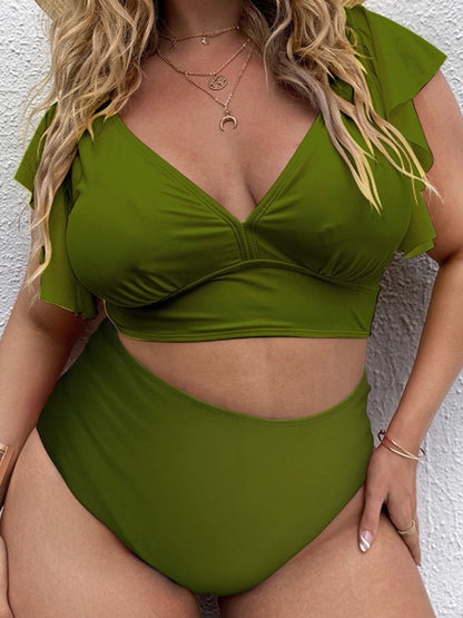 Plus Size Colorblock Tropical Print High Waisted Bikini Ruffle Sleeve Two Piece Swimsuit