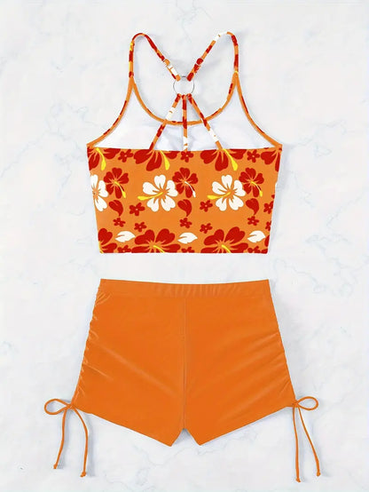 Floral Print Drawstring Ring Two Piece Swimsuit Strappy High Waisted Stretchy Tankini Swimsuits With Swim Shorts