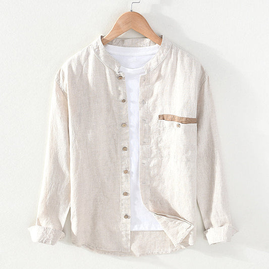 Stand Collar Pure Linen Long Sleeve Shirt