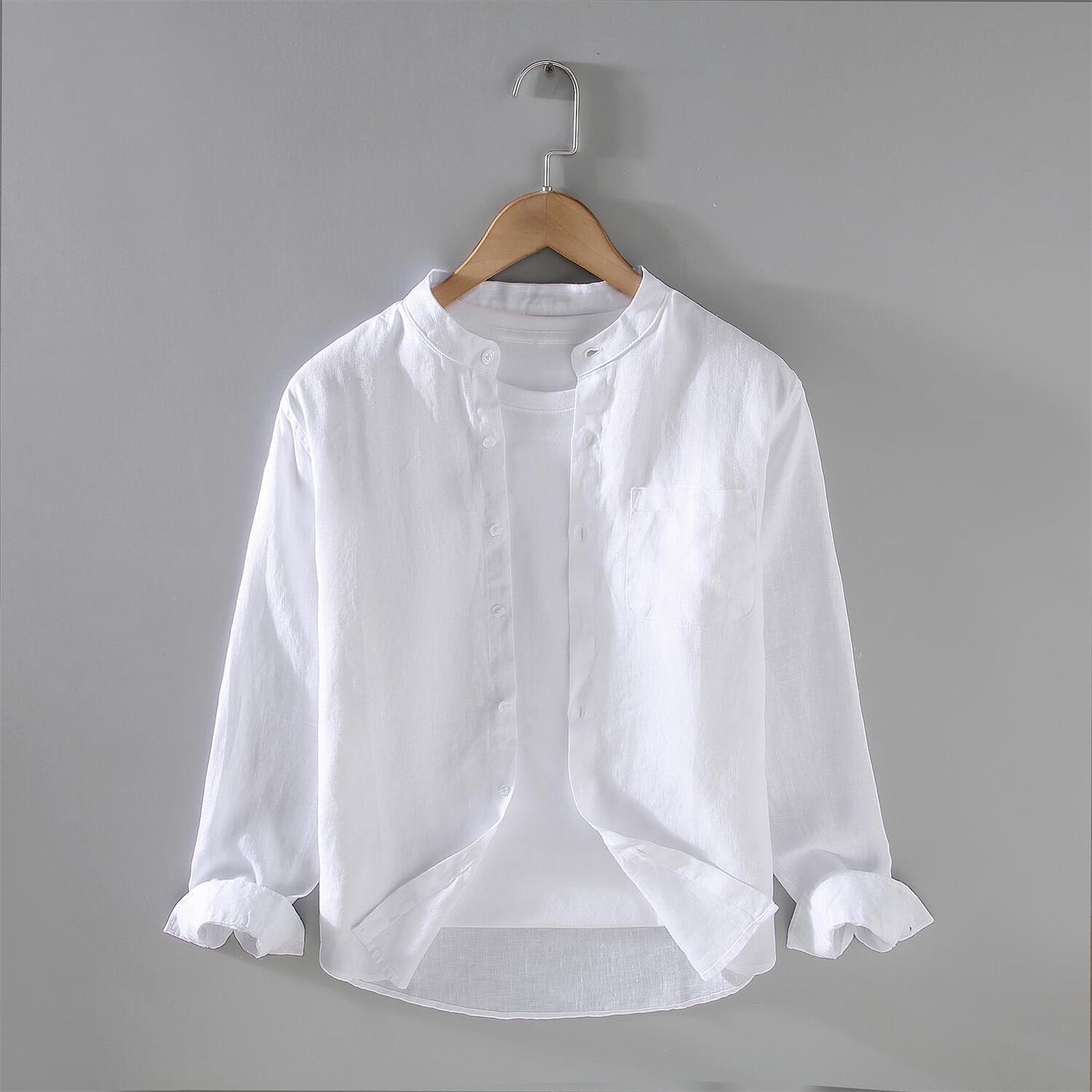 Vintage Linen Long Sleeve Stand Collar Shirt