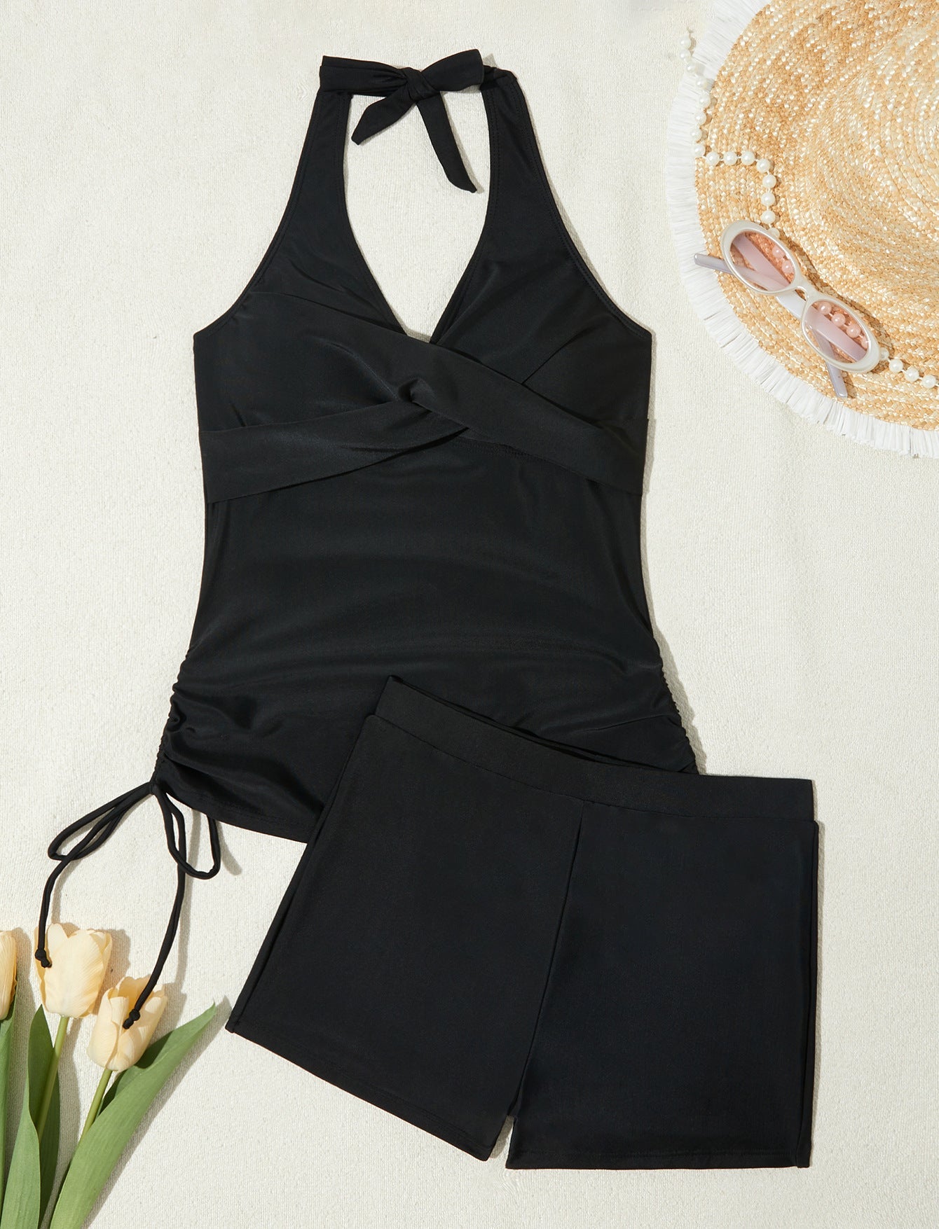 Classic Black Drawstring Halter Neck Two Piece Swimsuit Ruched Criss Cross Tankini With Swim Shorts