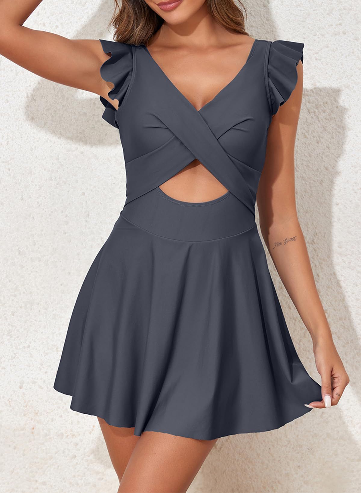 Solid Color Skirted One-piece Swimsuit Ruffle Hem Backless V Neck Swimsuit Dress