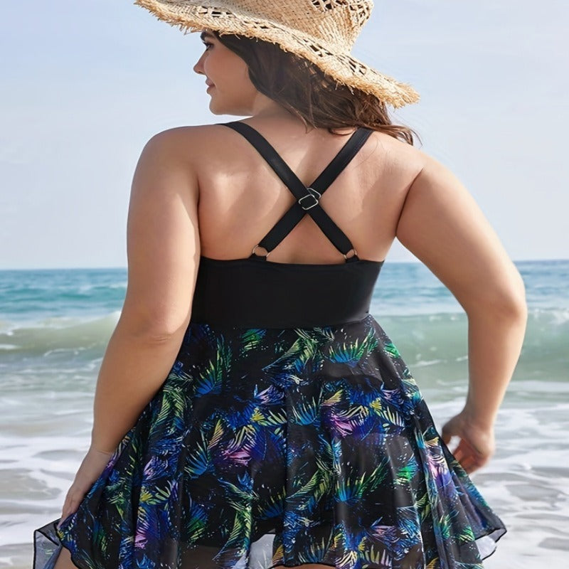 Plus Size Elegant Two Piece Swimsuit Dress Contrast Tropical Print Lace Up Asymmetrical Hem Cami Tankini With Swim Shorts