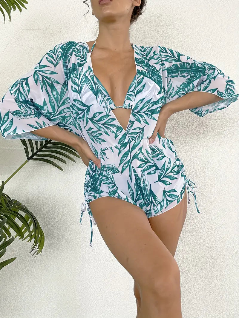 3 Pieces Leaf Plant Print Bikini Sets Triangle Halter Neck High Cut Sheer Drawstring Swimsuit Cover Ups