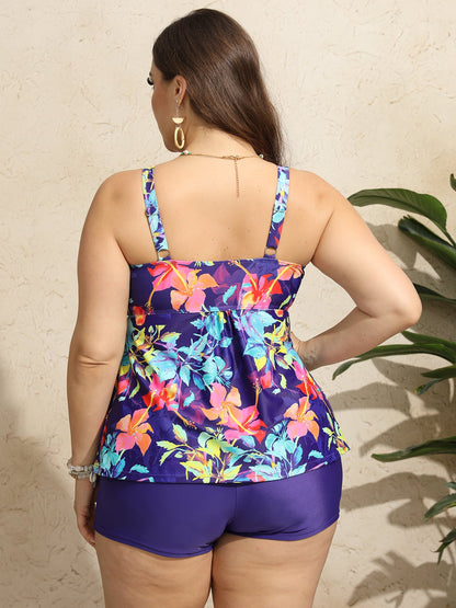 Elegant Floral Print Tank Top Shorts High Stretch Two Piece Plus Size Swimsuits Set