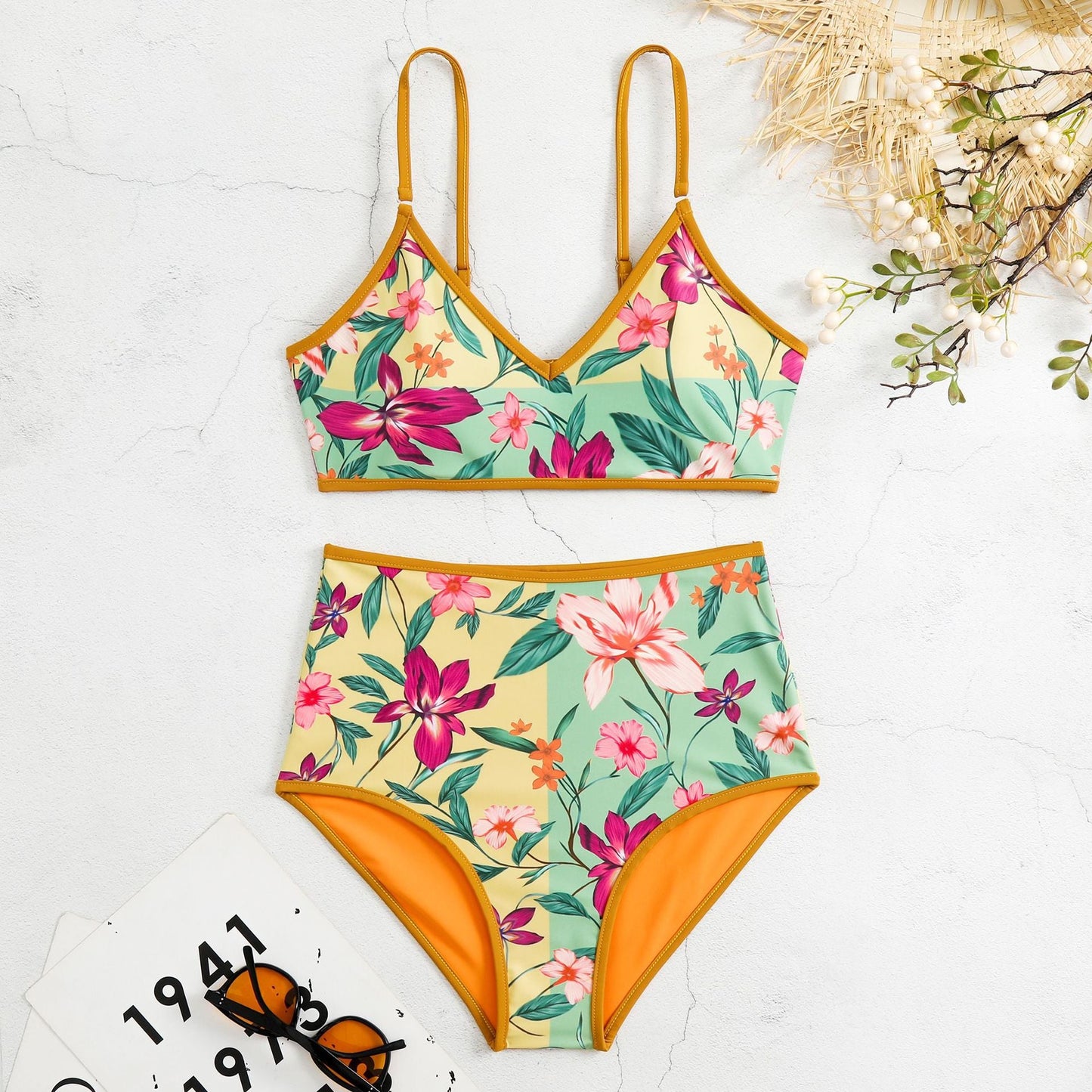 Allover Plant Print Reversible Two Piece Swimsuit Spaghetti Strap High Waisted Bikini Sets