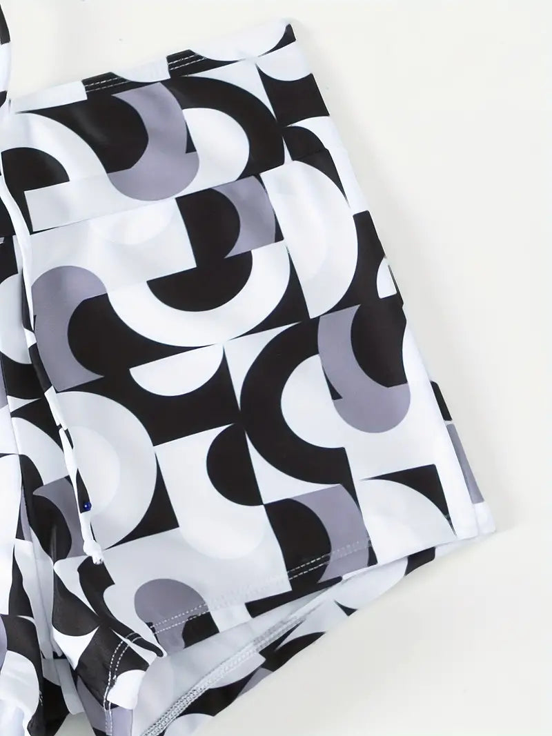 3 Pieces Geometrical Print Drawstring High Waisted Bikini Set Swimsuit Cover Up With Swim Shorts