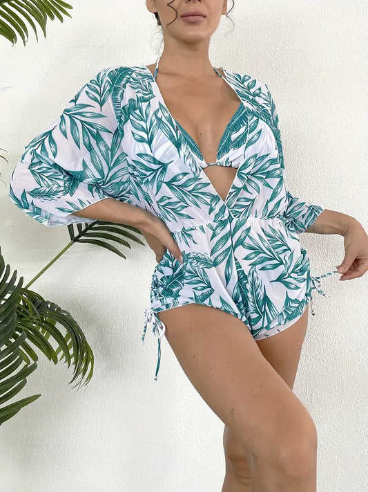 3 Pieces Leaf Plant Print Bikini Sets Triangle Halter Neck High Cut Sheer Drawstring Swimsuit Cover Ups