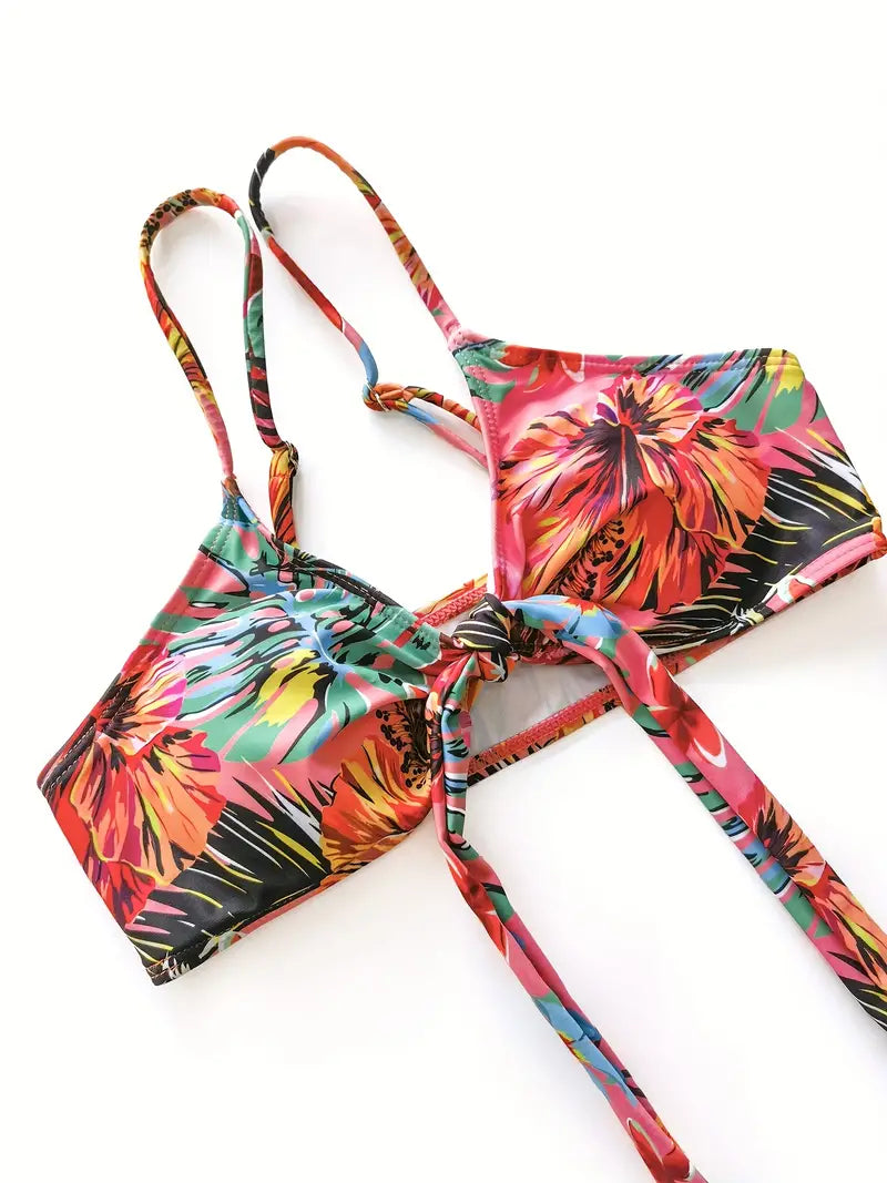 Tropical Print 3 Pieces Set High Waisted Bikini Set Knot Front Ring Belt Long Sleeve Swimsuit Cover Up