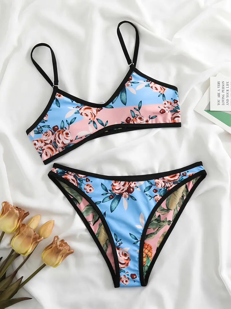 Allover Plant Print Reversible Contrast Trim Two Piece Swimsuit Spaghetti Strap Low Waisted Bikini