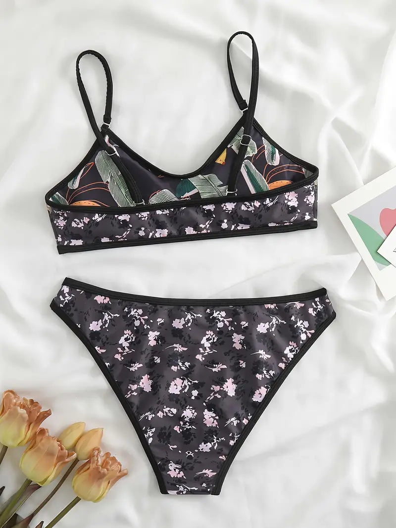 Allover Plant Print Reversible Contrast Trim Two Piece Swimsuit Spaghetti Strap Low Waisted Bikini