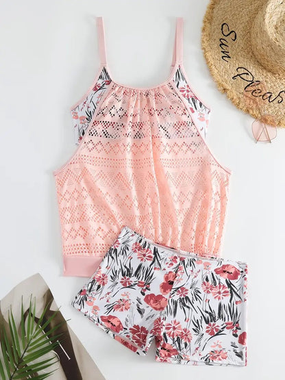 Plus Size Plant Print Hollow Out Mesh Patchwork Two Piece Swimsuit Scoop Neck Tankini With Swim Shorts