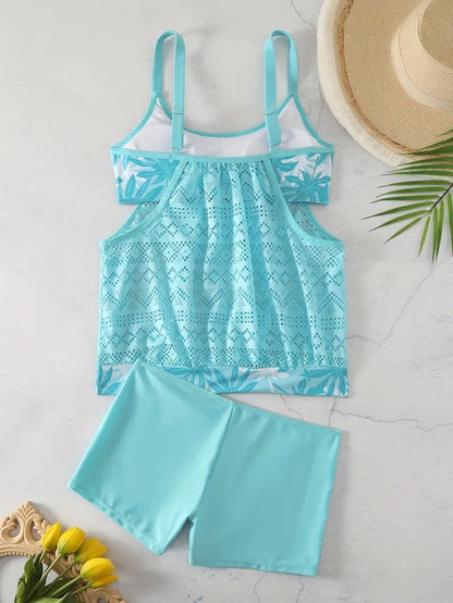 Plus Size Plant Print Hollow Out Mesh Patchwork Two Piece Swimsuit Scoop Neck Tankini With Swim Shorts