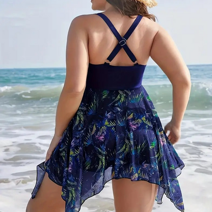 Plus Size Elegant Two Piece Swimsuit Dress Contrast Tropical Print Lace Up Asymmetrical Hem Cami Tankini With Swim Shorts