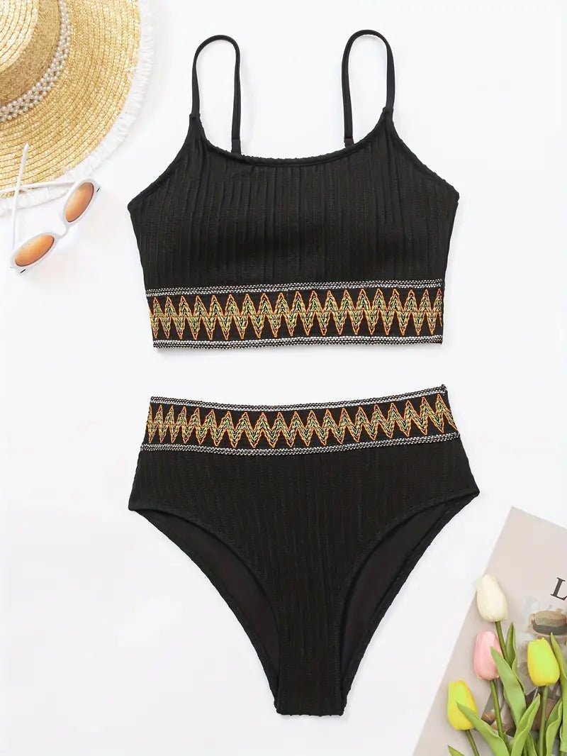 Black Contrast Band Bikini Sets Scoop Neck High Waisted High Cut Two Piece Swimsuit