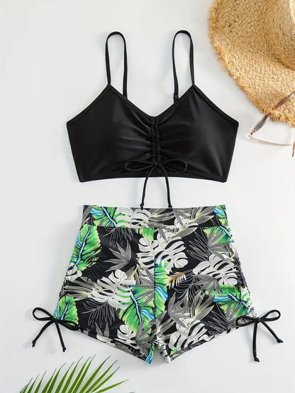 Tropical Leaf Print V Neck High Waisted Bikini Sets Drawstring Spaghetti Straps Boxer Short Bottoms Two Pieces Swimsuit