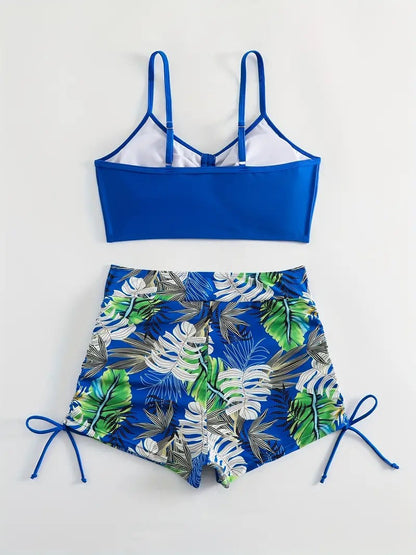 Tropical Leaf Print V Neck High Waisted Bikini Sets Drawstring Spaghetti Straps Boxer Short Bottoms Two Pieces Swimsuit