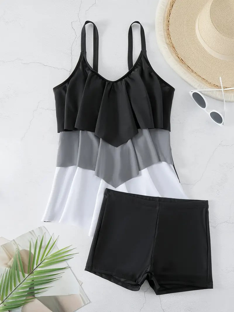 Color Block Tiered Layer Ruffle Two Piece Swimsuit V Neck High Waisted Tummy Control Swimsuit Tankini With Swim Shorts