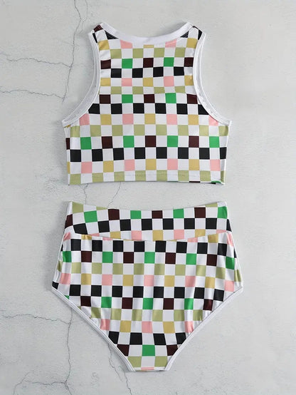Color Block Checkerboard Plaid Two Piece Swimsuit Round Neck Sleeveless Tank Top High Waisted Bikini With Swim Shorts
