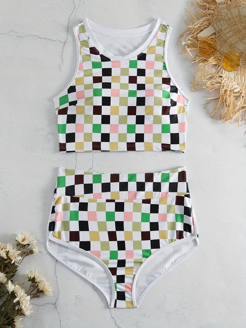 Color Block Checkerboard Plaid Two Piece Swimsuit Round Neck Sleeveless Tank Top High Waisted Bikini With Swim Shorts