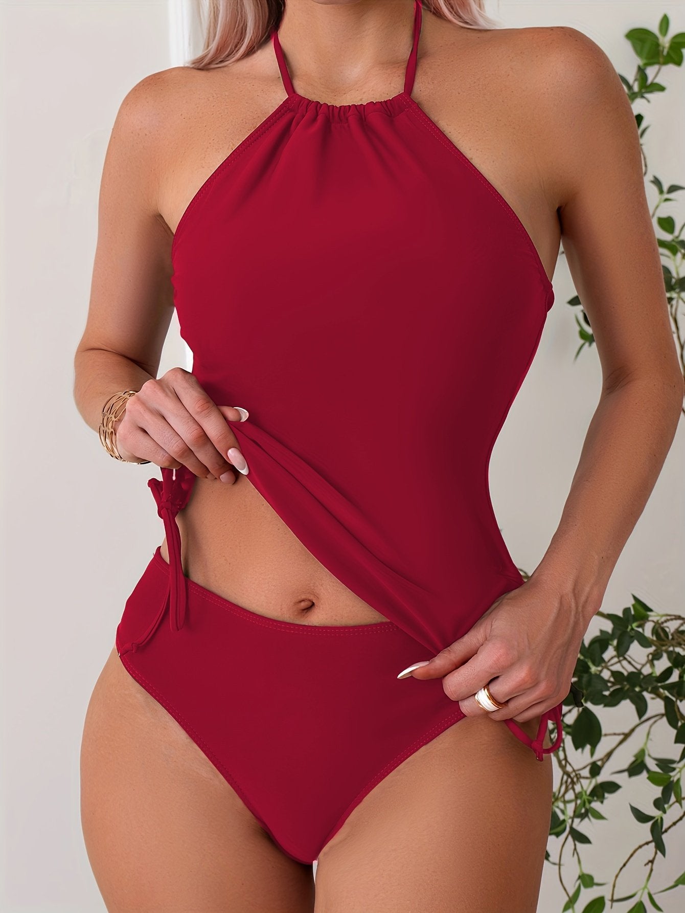 Solid Color Casual Two Piece Swimsuit Halter Neck Round High Cut Drawstring Tie Side Tankini