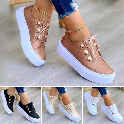 Sneakers Women Flats Round Toe Solid Color Casual Tennis Female Footwear Metal Button Decor Comfortable Ladies Vulcanized Shoe - Smiths Picks - Orthopedic Shoes & Sandals