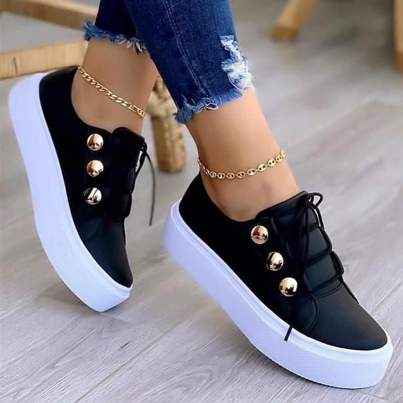 Sneakers Women Flats Round Toe Solid Color Casual Tennis Female Footwear Metal Button Decor Comfortable Ladies Vulcanized Shoe - Smiths Picks - Orthopedic Shoes & Sandals