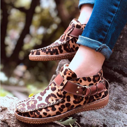 Women Ankle Boots Vintage Sewing Rivets Metal Buckle Ladies Leopard Women Retro Casual Soft Flock Female Plus Size Flat Shoes - Smiths Picks - Orthopedic Shoes & Sandals